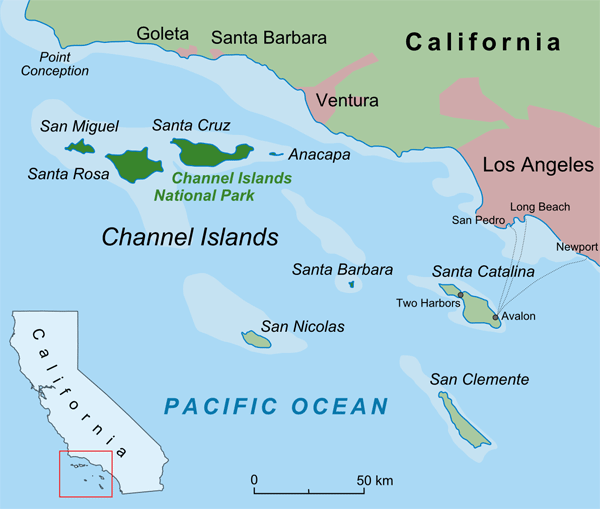 Северные острова Чаннел (Northern Channel Islands) отмечены на карте темно-зеленым цветом (кроме острова Санта-Барбара). Изображение с сайта en.wikipedia.org