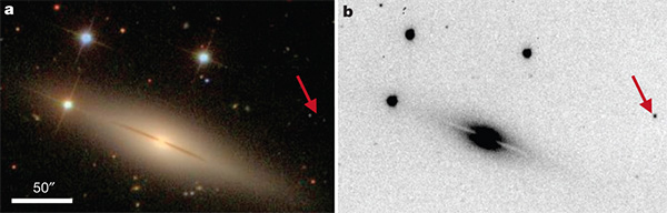 a — галактика NGC 1032, по данным Слоановского цифрового обзора неба (Sloan Digital Sky Survey, SDSS), до того как в ней вспыхнула сверхновая SN 2005E. Это изолированная, видимая с ребра старая эллиптическая галактика с сильно подавленным процессом звездообразования. b — открытие SN 2005E (показана красной стрелкой) по программе поиска сверхновых Ликской обсерватории (Lick Observatory Supernova Search, LOSS) 13 января 2005 года. Изображение из обсуждаемой статьи Perets et al. в Nature