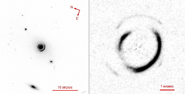 Слева: изображение двойного кольца. Хотя линза первоначально была открыта по данным Слоановского обзора, качественное изображение получено уже Космическим телескопом в рамках проекта SLACS. Справа: увеличенное изображение, с которого убрали галактику-линзу. (Из статьи Gavazzi R. et al., arXiv:0801.1555)