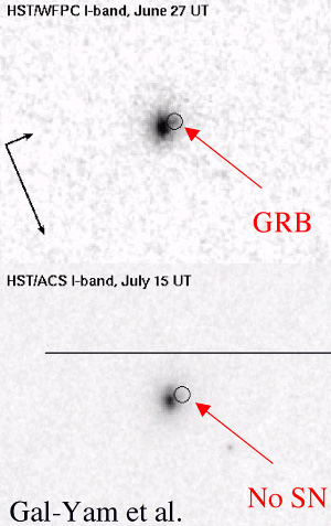 Эти снимки галактики, в которой 14 июня 2006 года произошел GRB 060614, получены космическим телескопом «Хаббл». На верхнем снимке (он сделан 27 июня камерой <a href=