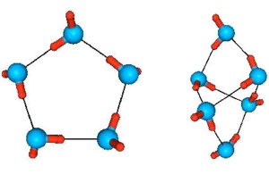 Молекулы воды могут объединяться в небольшие группы — кластеры. Их жизнь быстротечна, и потому они с трудом поддаются изучению. Только недавно выяснилось, что водные кластеры обладают большими электрическими дипольными моментами (изображение с сайта www.ganil.fr)