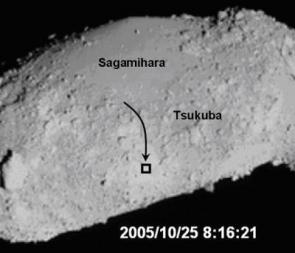 Фото астероида Итокава, полученное камерой AMICA (Asteroid Multiband Imaging Camera) с борта зонда «Хаябуса». Стрелкой показано движение зонда над поверхностью астероида, а квадратиком — место взятия проб грунта. Во время сближения спектрометр NIRS получил детальные спектры гладкой темной области Сагамихара и каменистой области Цукуба (обе названы в честь японских городов). Изображение с сайта www.physorg.com
