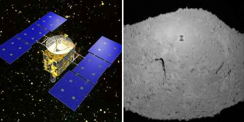 Зонд «Хаябуса» (слева) и тень от него на астероиде Итокава (справа). Изображение и фото с сайта www.universetoday.com
