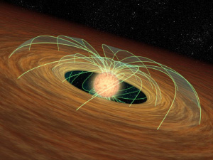 Представление художника о взаимодействии магнитных полей звезды и ее протопланетного диска. Изображение NASA/JPL/Spitzer с сайта www.universetoday.com