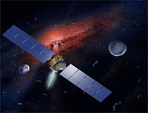 Космический аппарат Dawn в поясе астероидов (рис. художника Уильяма Хартмана/UCLA с сайта dawn.jpl.nasa.gov)