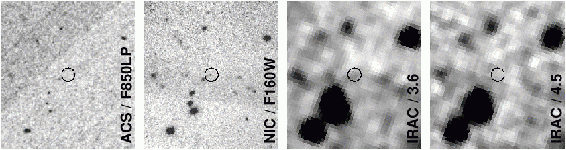 Эти изображения получены Космическим телескопом имени Хаббла (два левых) и обсерваторией имени Спитцера (два правых). Кружком отмечено место вспышки. На двух крайних изображениях галактики не видно. На втором слева снимке, полученном камерой NICMOS на Космическом телескопе Хаббла, галактика видна достаточно четко. Также галактика проступает и на следующем изображении, полученном на длине волны 3,6 микрона на «Спитцере» (изображение из статьи E. Berger et al., astro-ph/0603689)