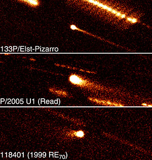Снимки всех трех комет основного пояса (в центре на каждом изображении). Остальные объекты – это звезды и галактики фона, размазанные в результате того, что телескоп следил за кометой. Снимки получены на 2,2-метровом телескопе Гавайского университета. Фото с сайта: www.ifa.hawaii.edu