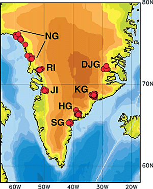  136 ,       1993-  2005,         .   (   ): DJG Daugaard Jensen Glacier (5), KG Kangerdlugssuaq Glacier (61), HG Helheim Glacier (26), SG southeast Greenland glaciers (6), JI Jakobshavn Isbrae (11), RI Rinks Isbrae (10), NG northwest Greenland Glaciers (17). .   www.ldeo.columbia.edu