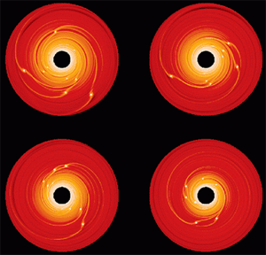 Внутренняя миграция протопланет (они представлены белыми точками, размер точки пропорционален массе протопланеты). Плотность протопланет выше в более ярких частях диска (изображение с сайта www.physorg.com)