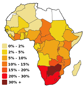Уровень зараженности ВИЧ в Африке по данным 1999 года. Белый цвет означает отсутствие данных (рис. с сайта upload.wikimedia.org)