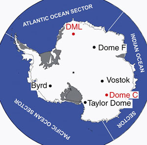 Схема расположения скважин в Антарктиде (рис. с сайта www.awi-bremerhaven.de)