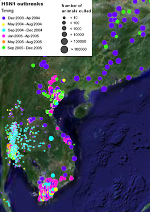 Фрагмент карты распространения птичьего гриппа, охватывающий Таиланд (слева), Вьетнам и Южный Китай (справа верху)