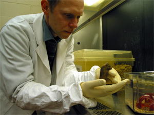 Глеб Шумяцкий с бесстрашной мышью в руках (фото с сайта www.rutgers.edu)