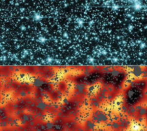 Наблюдавшийся участок неба в созвездии Дракона до и после вычитания вклада известных звезд и галактик. Светящиеся пятна, скорее всего, являются светом самых первых звезд во Вселенной. Увидеть их по отдельности разрешение телескопа не позволяет. Снимок: NASA/JPL-Caltech/GSFC с сайта www.spitzer.caltech.edu