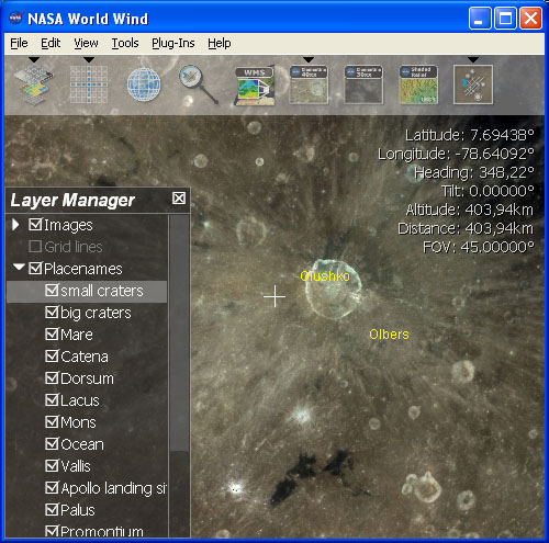 Скриншот программы NASA World Wind 1.3. Показан район кратера Глушко на обратной стороне Луны. Видны расходящиеся от кратера лучи