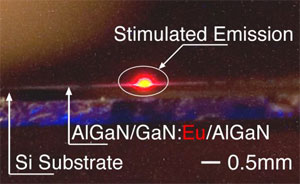 Если при нанесении на кремниевую подложку слоев AlGaN и GaN в качестве примеси используется европий (Eu), получается красный лазер (изображение с сайта optics.org)