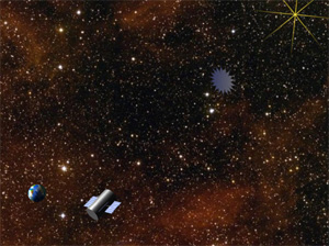 New Worlds Imager в представлении художника. Для наглядности расстояние между экраном-ромашкой и телескопом сильно уменьшено (изображение с сайта www.niac.usra.edu)