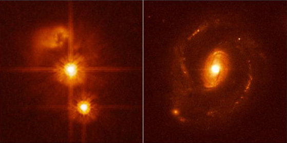 На этих фото хорошо видно, чем отличается объект HE0450-2958 (слева) от обычного квазара (справа; изображен квазар HE1239-2426). На снимке справа вокруг яркого шара в центре (собственно квазар ) хорошо видны светящиеся рукава спиральной галактики (изображение с сайта www.newscientistspace.com)