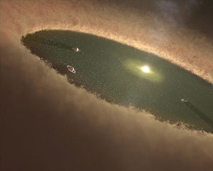 Протопланетный диск вокруг молодой звезды (в представлении художника). Радиус диска равен расстоянию от Солнца до Юпитера (изображение с сайта www.spitzer.caltech.edu)