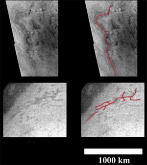 Красные штрихи — это вероятные высохшие русла углеводородных рек, некогда бежавших по поверхности Титана (фото с сайта www.newscientistspace.com)