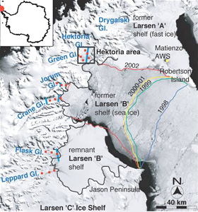 Схема отступления ледника Ларсен Б за 6 лет, начиная с 1998 года. Спутниковая фотография сделана 1 ноября 2003 года (изображение с сайта www.terranature.org)