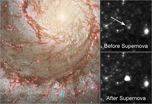 Галактика M51. На снимке хорошо видна звезда (справа вверху), на месте которой через полгода вспыхнула сверхновая (справа внизу). Изображение с сайта www.physorg.com