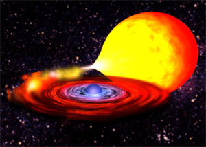 Нейтронная звезда IGR J16283-4838 вращается вокруг звезды-соседки (в представлении художника). Истекающее на нее под действием сильной гравитации вещество периодически вспыхивает в рентгеновских и гамма-лучах. Такие вспышки продолжаются всего несколько дней или недель, но этого достаточно, чтобы астрономы сумели определить местонахождение скрытой в остальное время звездной системы (изображение с сайта www.esa.int)