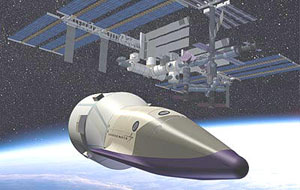 Возможно, корабли серии CEV будут выглядеть именно так (на заднем плане — Международная космическая станция с пристыкованными к ней российскими грузовиками серии «Союз»). Изображение с сайта www.barilochenyt.com.ar