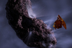 Тах художник представляет себе встречу Deep Impact с кометой Tempel 1 (изображение с сайта www.planetary.org)