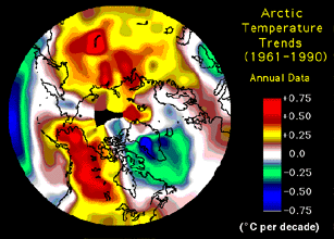 Изменение среднегодовой температуры в Северном полушарии за 30 лет (с 1961 по 1990 год). Изображение с сайта arcticcircle.uconn.edu