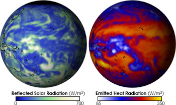 Диаграмма показывает уровни отраженного солнечного (слева) и испущенного геотермального (справа) излучения, зафиксированные на 1 января 2002 года (изображение с сайта www.earthinstitute.columbia.edu) 