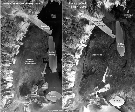 Местоположение айсберга B-15A 10 января 2005 года (слева) и 15 апреля 2005 года. Снимки со спутника Envisat (фото с сайта earth.esrin.esa.it)